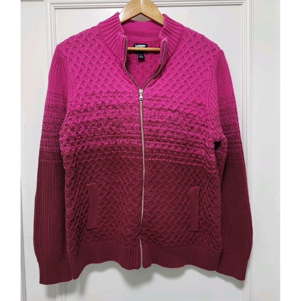 Lands End Drifter Burgundy Fuscia Knit Full Zip Sweater Jacket L